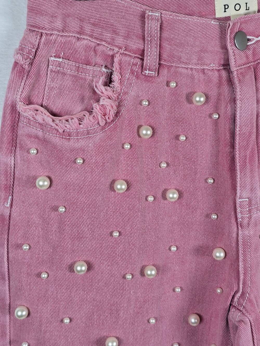 POL Pink Pearl Embellished Jeans Women's Sz.S Frayed Raw Edges Cottagecore Artsy - Picture 9 of 16